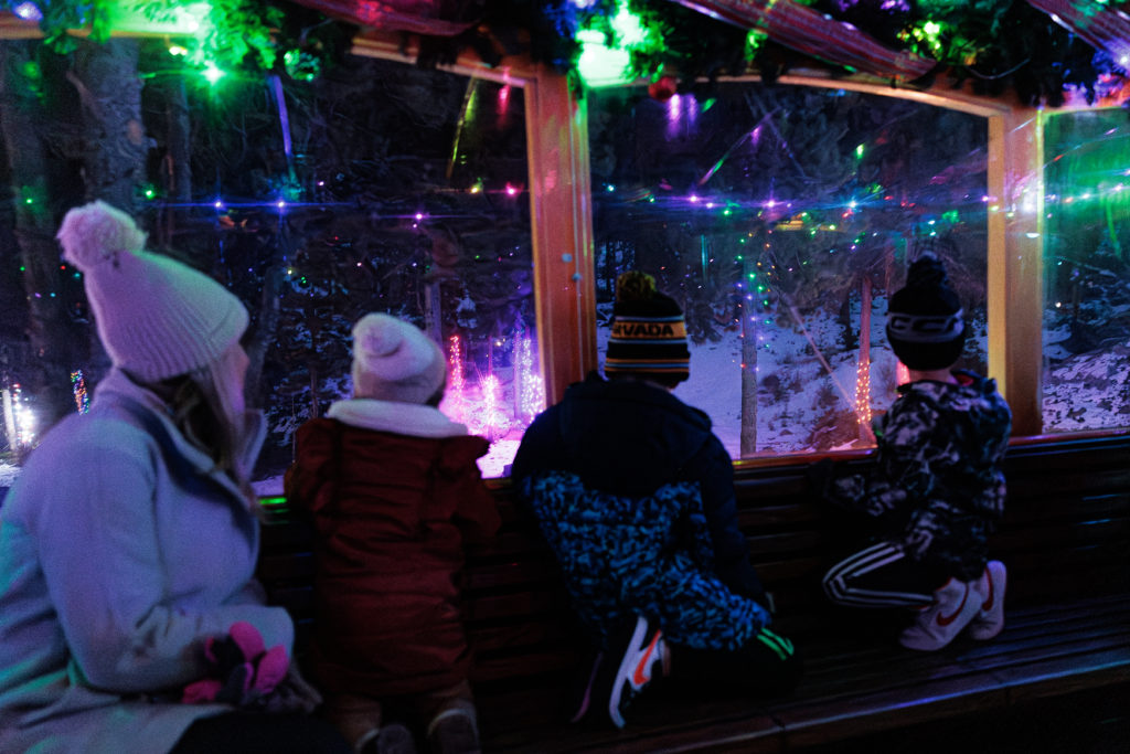 A group of people sitting on a bench in front of a christmas tree. Santa's Lighted Forest with kids.