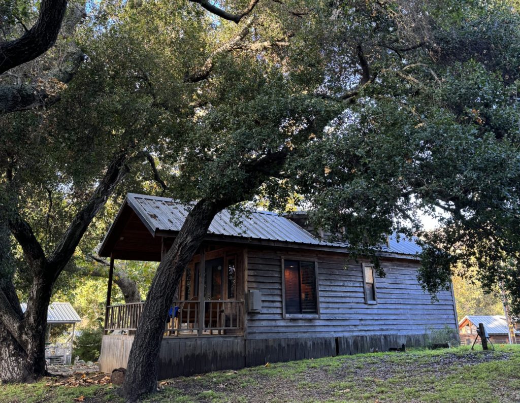 A small cabin surrounded by trees.  Family glamping in Santa Barbara.