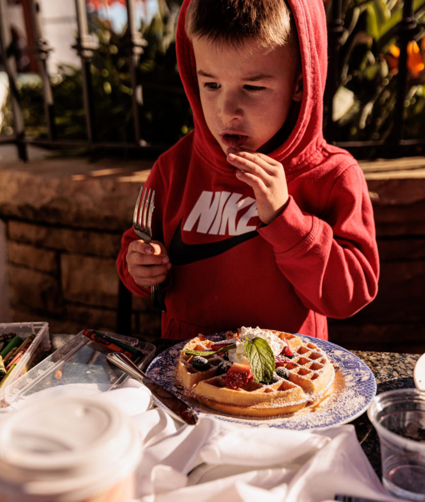 A young boy eating a plate of food.