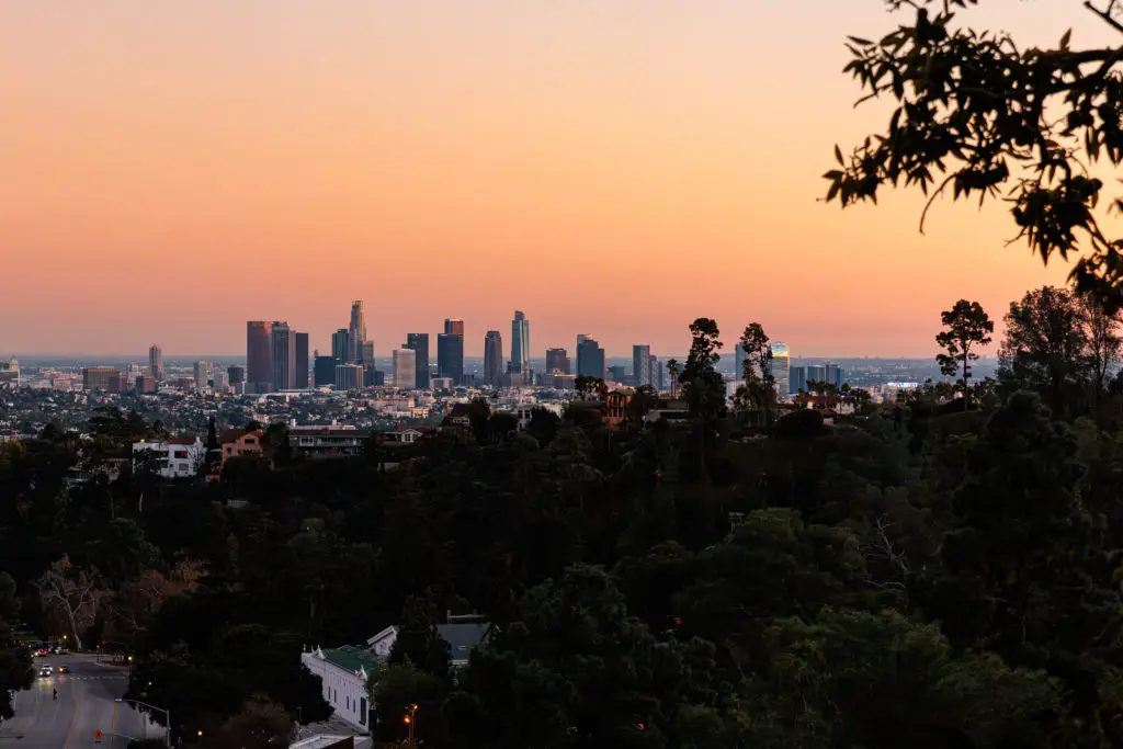 A city skyline with trees in the background. Griffith Observatory with kids