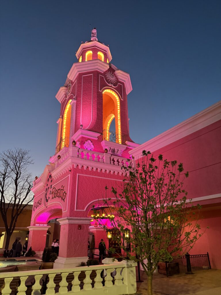 A tall, pink building with illuminated lights at dusk. The sign reads "Casa Bonita." There is a tree in the foreground and people gathering near the entrance. Casa Bonita with the family. 