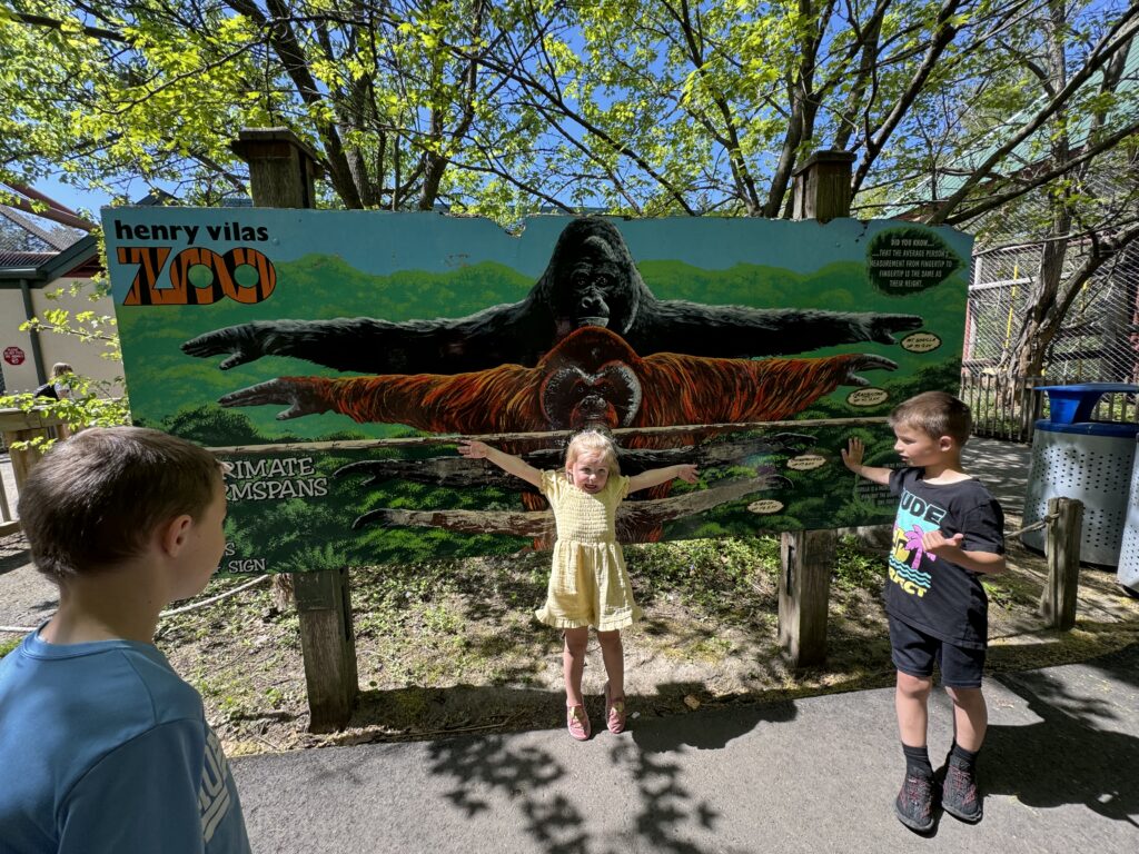 Three children stand in front of a gorilla and orangutan sign at Henry Vilas Zoo, each posing with their arms spread out to match the gorilla's outstretched arms depicted on the sign. Free zoo in Madison