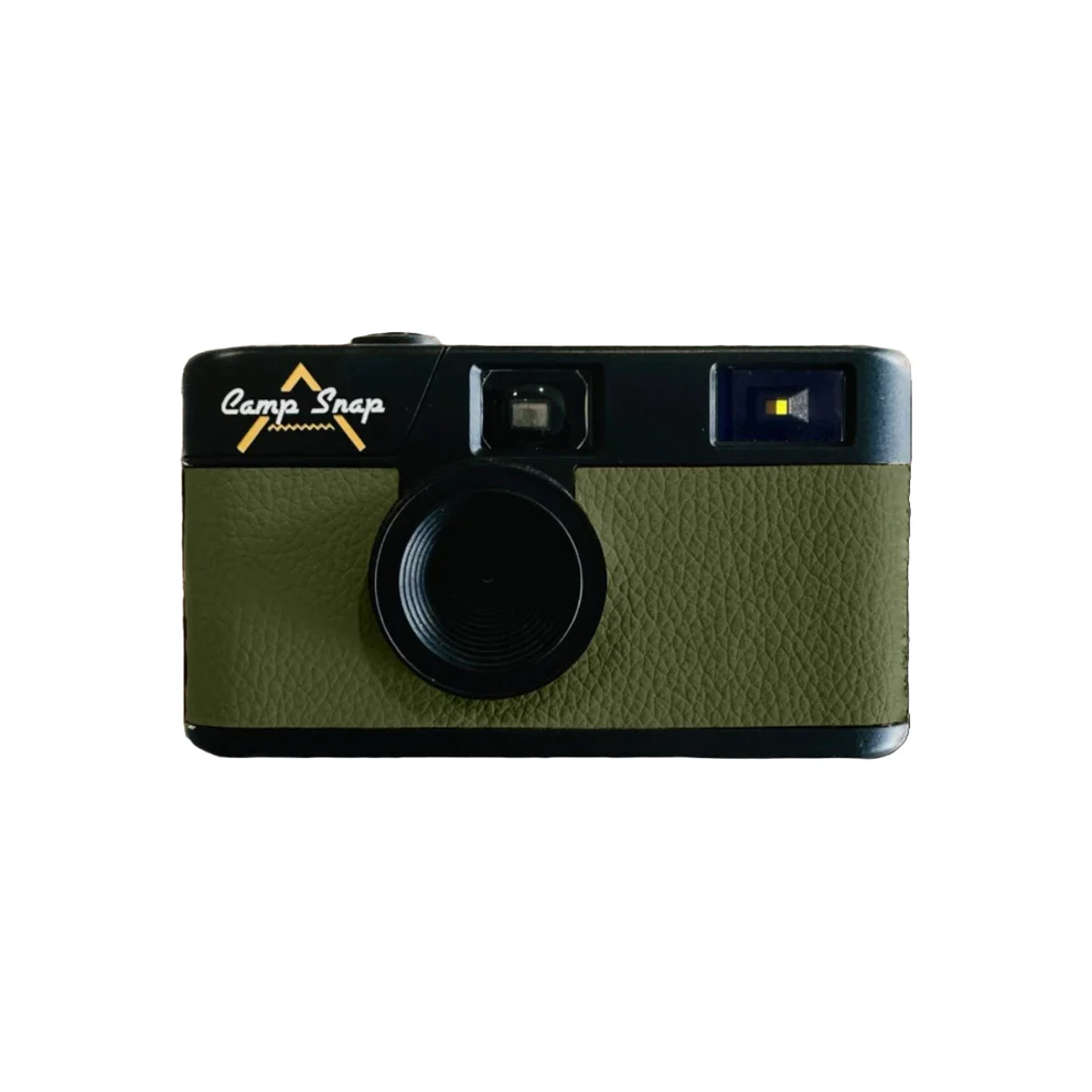 Front view of a compact Camp Snap camera with a black and green exterior.