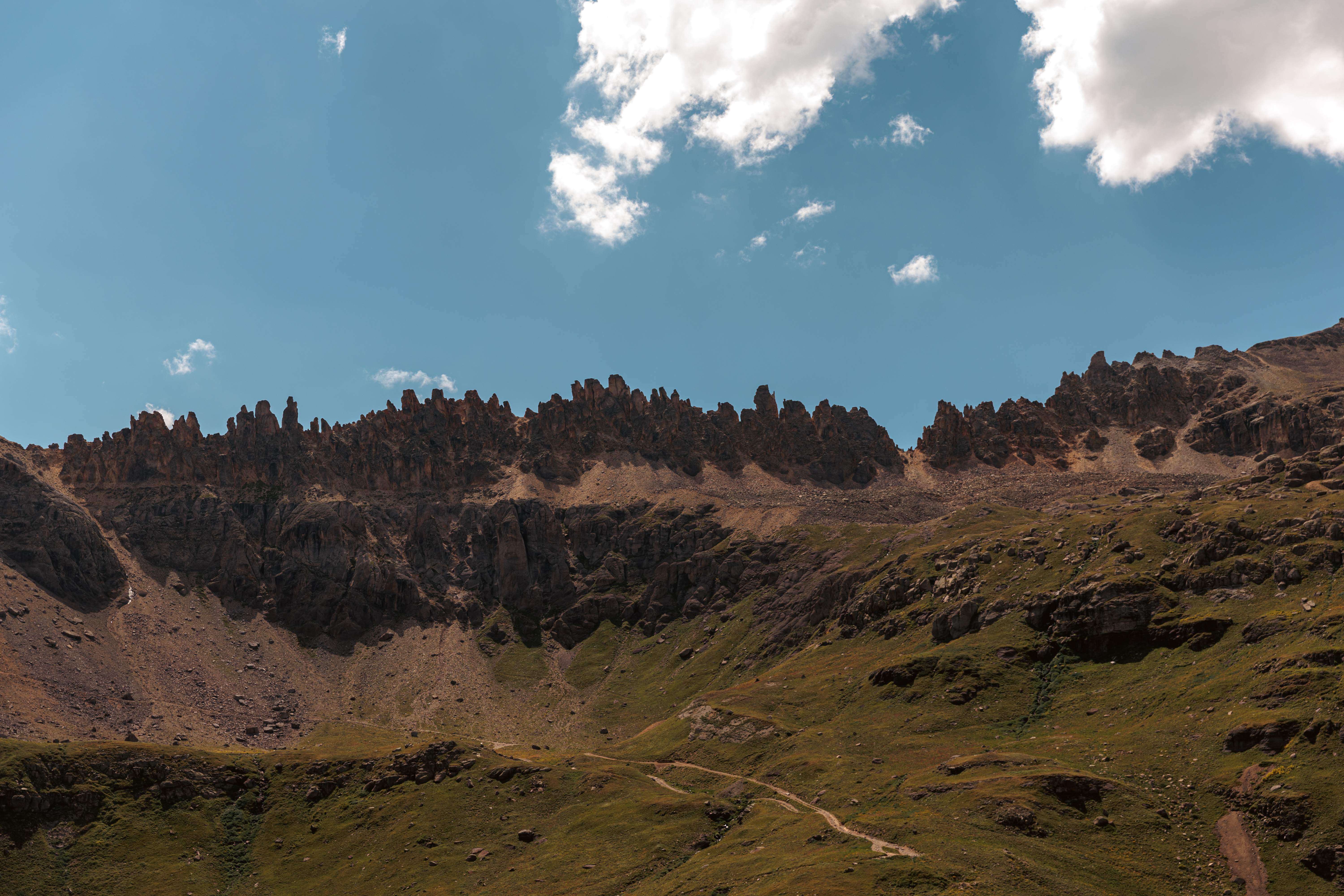 Rugged mountain ridge under a clear blue sky with scattered clouds. Green slopes in the foreground.  2 days in Ouray with kids.