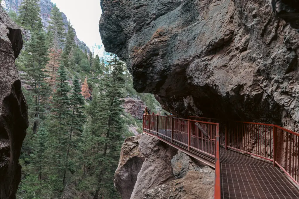 A narrow metal walkway hugs a rocky cliff, surrounded by dense pine trees in a mountainous area.  2 days in Ouray with kids.