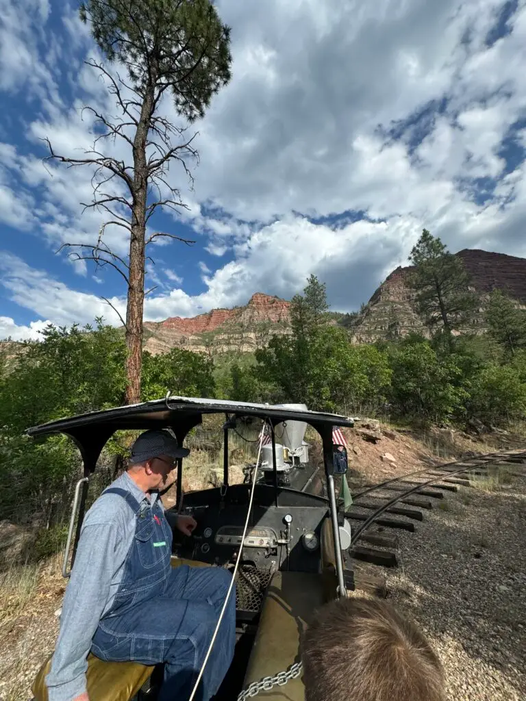 Man in overalls driving a small train on a track through a forested mountainous area under a partly cloudy sky. Another person is visible on the tracks ahead.  Bar D Chuckwagon Suppers with kids