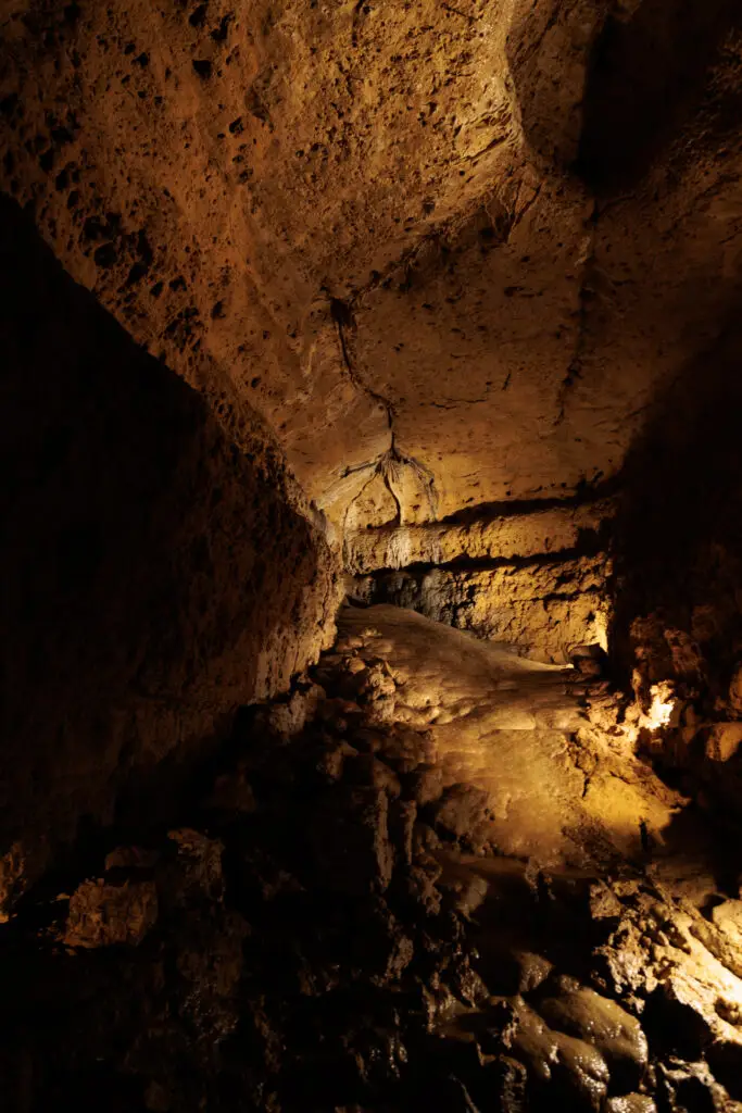 Dimly lit cave interior with rough rock formations and a narrow passageway. Natural textures and earthy tones dominate the scene.  Cave of the Mounds with kids.