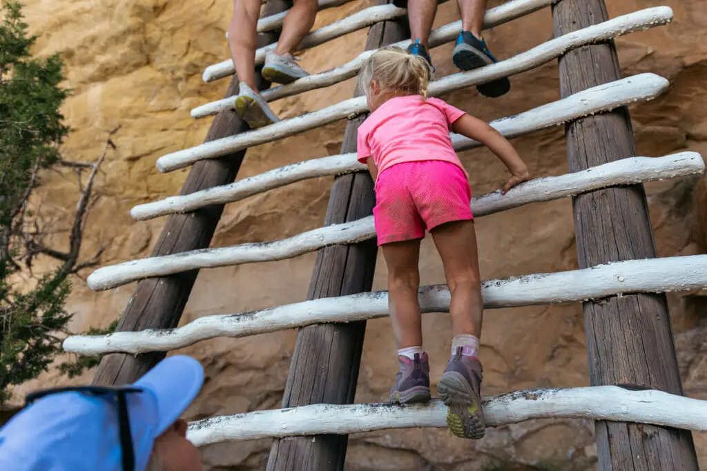 A child in pink shorts and a top scales a large wooden ladder against a rocky surface, following adults above, their hiking boots secure. Greenery flourishes to the side on this adventurous journey through Mesa Verde with kids.