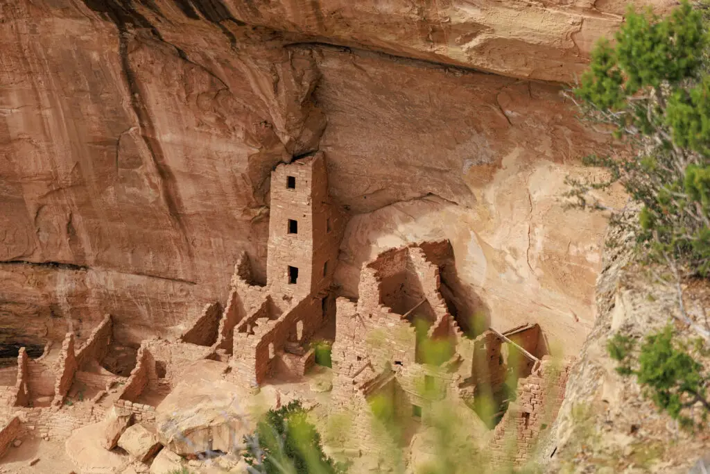 Explore the ancient cliff dwellings at Mesa Verde with kids, where multi-story stone structures are nestled into a rocky overhang, surrounded by sparse greenery.  Mesa Verde with kids.