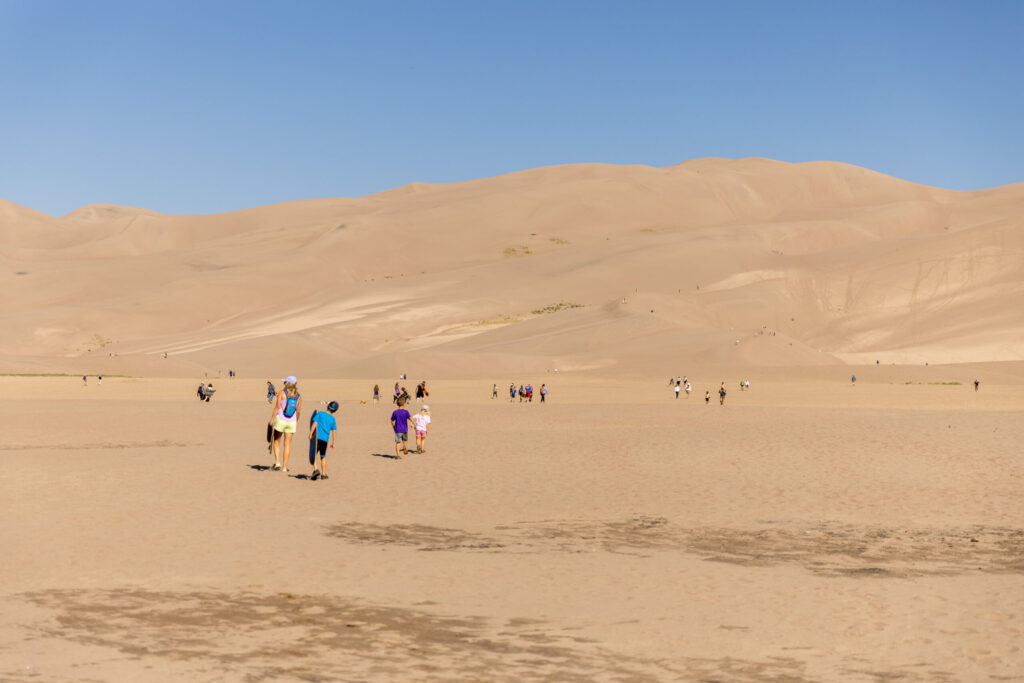 Families with kids stroll through the vast, sandy desert landscape of the Great Sand Dunes, set against a backdrop of clear blue sky and rolling dunes.