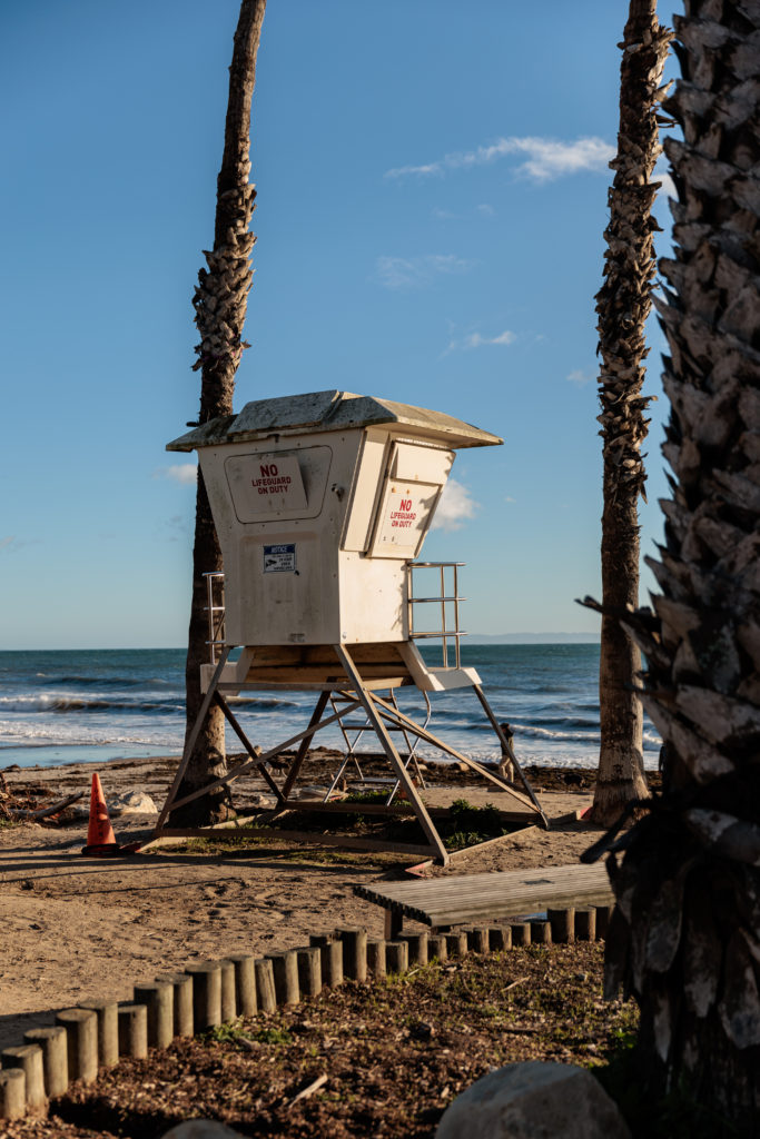 A lifeguard tower on the beach. Beaches in Santa Barbara With Kids