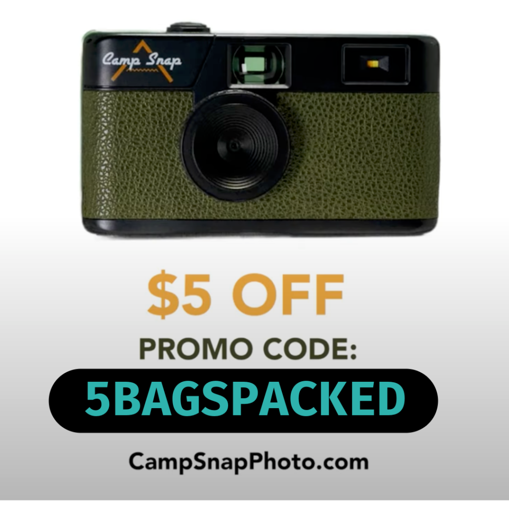 Green Camp Snap camera with Camp Snap discount code "5BAGSPACKED" offering $5 off at CampSnapPhoto.com.