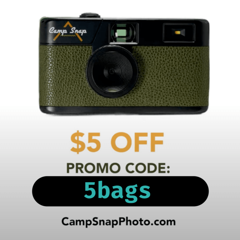 Image of a retro-styled camera with a green textured finish. Text: "Unlock $5 OFF with the Camp Snap discount code: 5bags at CampSnapPhoto.com.