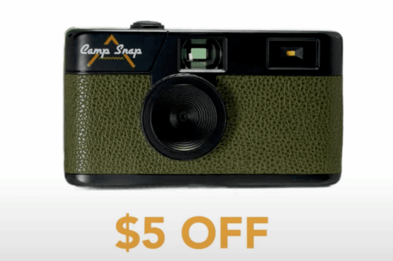 A green and black CampSnap camera above text offering $5 off with the Camp Snap discount code "2025bags" at CampSnapPhoto.com. camp snap promo code