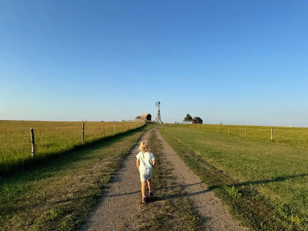 A child walks down a gravel path through a grassy field toward distant farm buildings and a windmill, under a clear blue sky. 1880 Town with kids