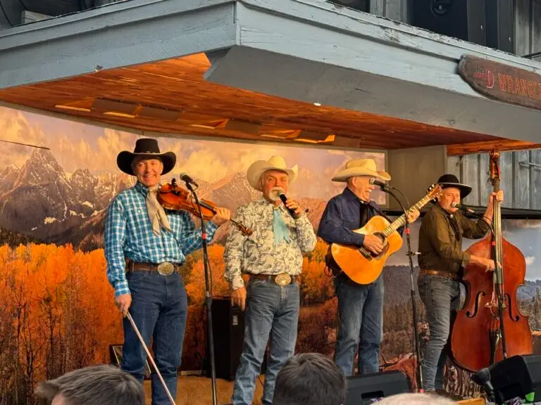 Four musicians in cowboy hats perform on stage with a fiddle, microphone, guitar, and double bass, set against a backdrop of mountains and trees. Bar D Chuckwagon Suppers with kids