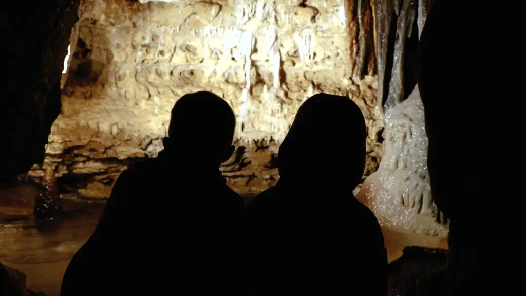 Silhouettes of two people face a wall of stalactites and stalagmites inside a cave, illuminated by soft, warm lighting. Cave of the Mounds with kids.