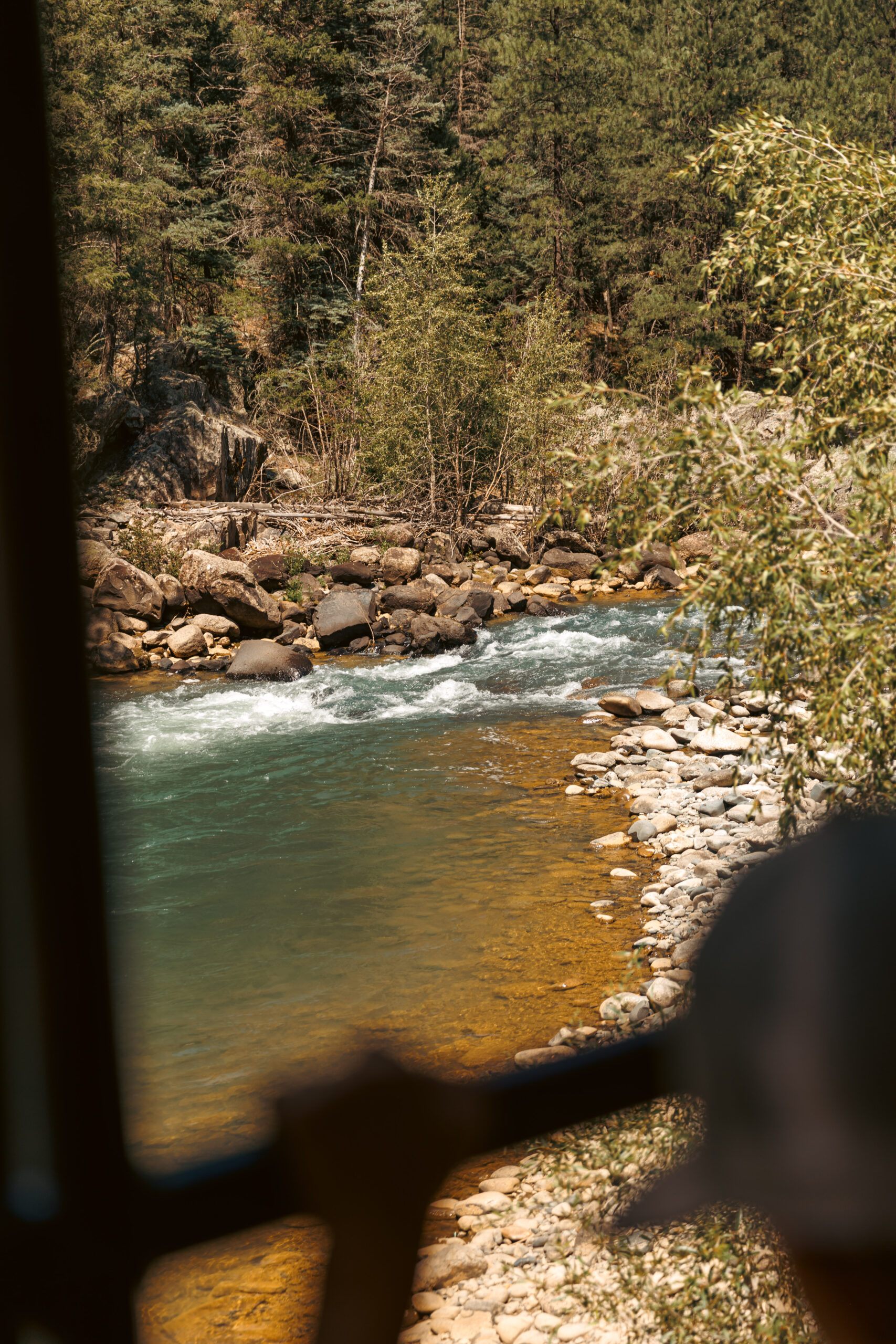 View of a river with rocky banks surrounded by trees, seen through a window with a blurred silhouette in the foreground.  Durango train with kids.