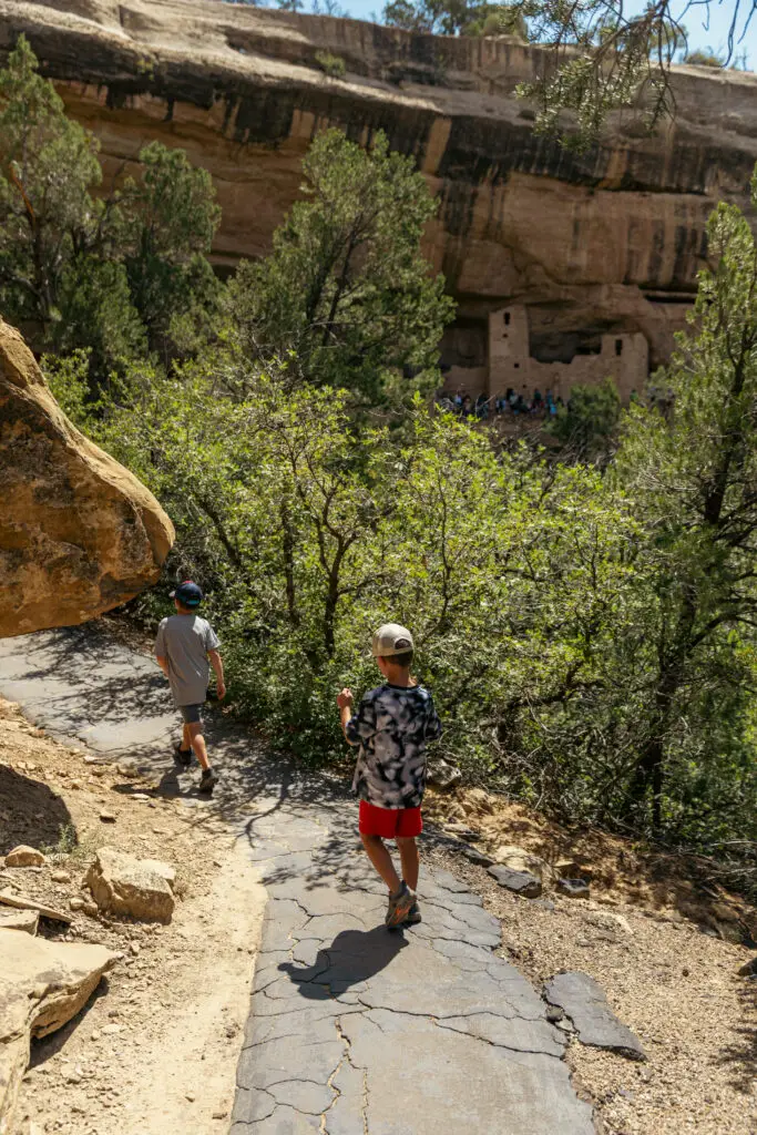 Two children walk on a paved trail towards cliff dwellings in Mesa Verde, surrounded by trees and rocky terrain, offering an adventurous day in nature with kids.